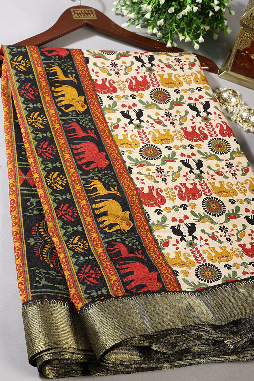 Cream & Black Color Tussar Silk Indian Folk Art Printed Saree