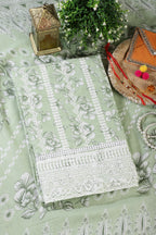 Light Green Cotton Floral Printed And Resham Embroidered Unstitched Suit Material