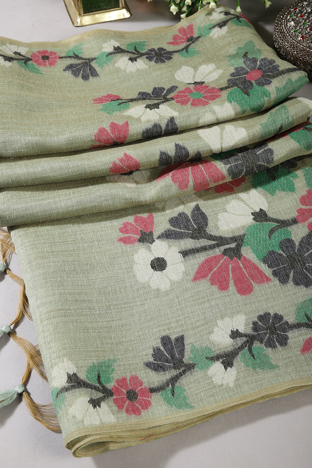 Sage Green Color Chanderi Cotton Resham Woven Saree