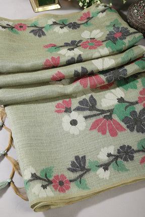 Sage Green Color Chanderi Cotton Resham Woven Saree