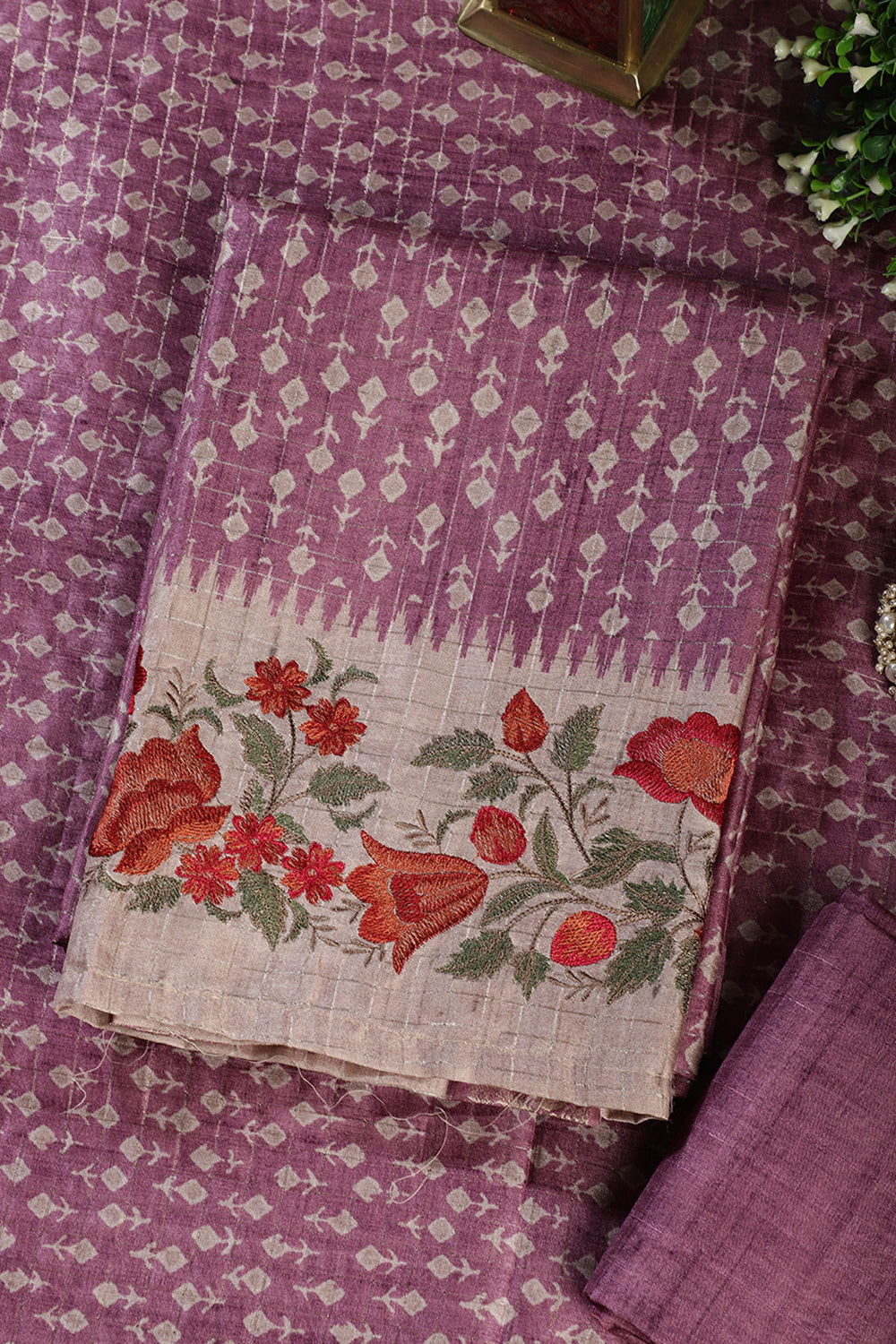 Dusky Purple Tussar Cotton Printed And Floral Embroidered Unstiched Suit Material