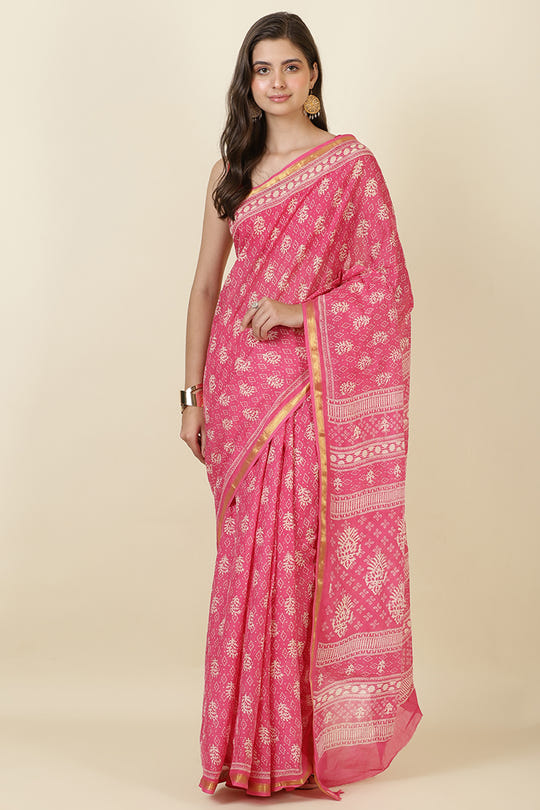 Hot Pink Cotton Block Printed Saree