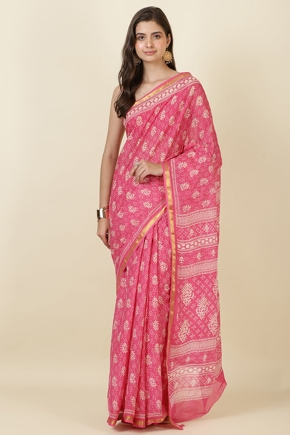 Hot Pink Cotton Block Printed Saree