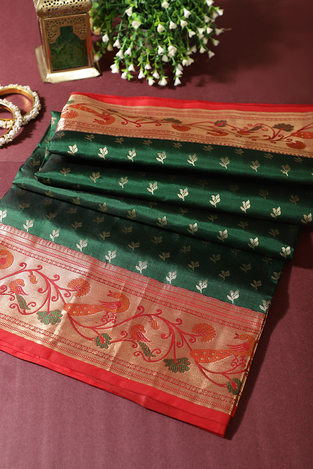 Green Color Pure Handloom Silk Zari & Butti Work Saree with Paithani Border