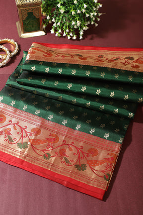 Green Color Pure Handloom Silk Zari & Butti Work Saree with Paithani Border