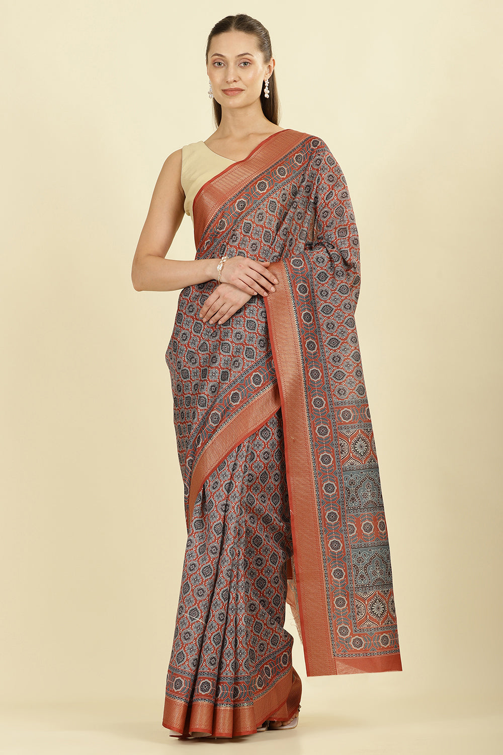 Rust Ajrakh Block Printed Cotton Saree