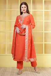 Orange Chanderi Silk Neck-Embroidered Suits