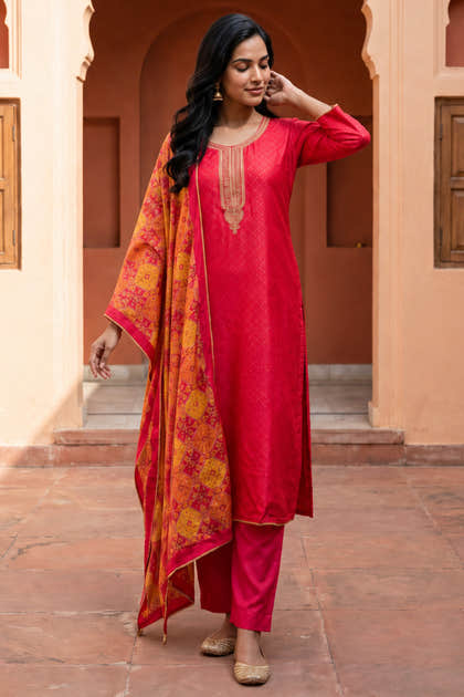 Rani Neck-Embroidered And Printed Silk Suit Set