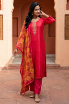 Rani Neck-Embroidered And Printed Silk Suit Set