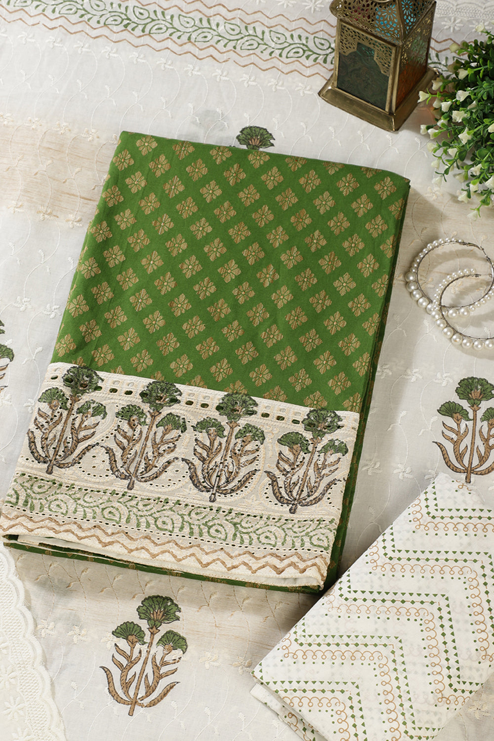 Green Cotton Woven And Lace Work Unstitched Suit Material