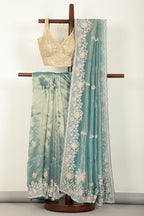 Firozi Color Pure Tissue Silk Saree with Pearl and Zardozi Handwork