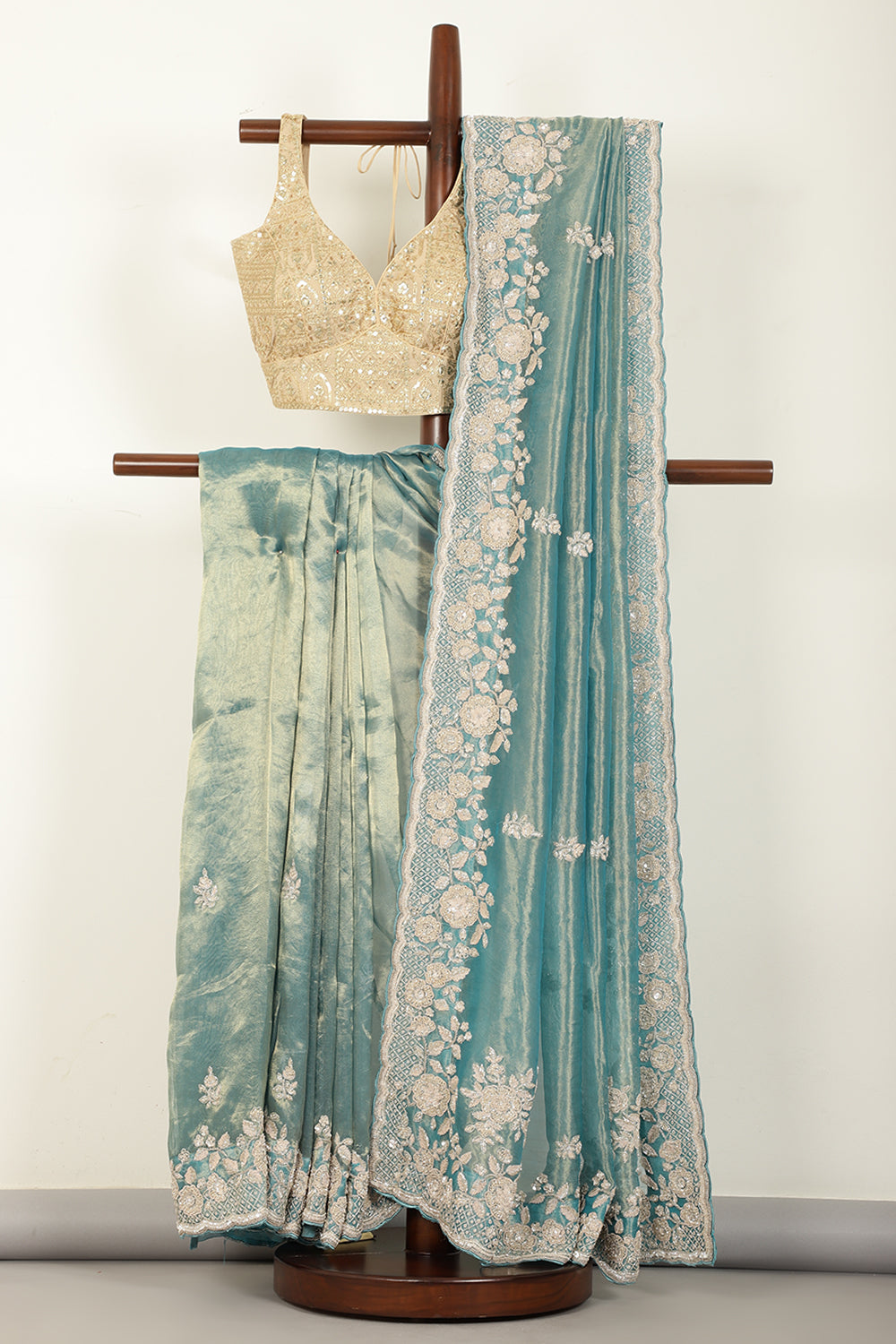 Firozi Color Pure Tissue Silk Saree with Pearl and Zardozi Handwork