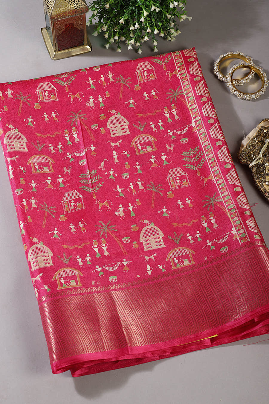 Carmine Color Cotton Silk Printed Saree