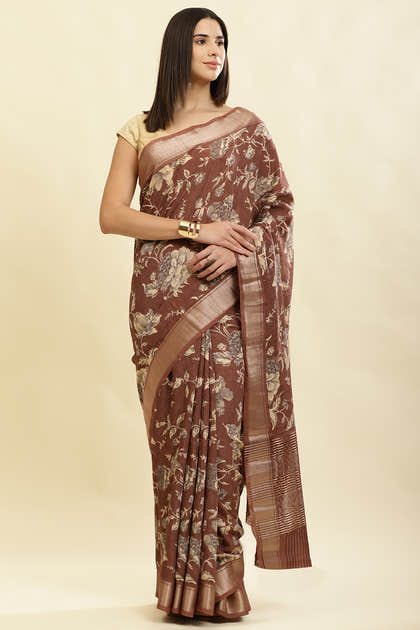 Brown Cotton Silk Floral Printed & Zari Border Saree