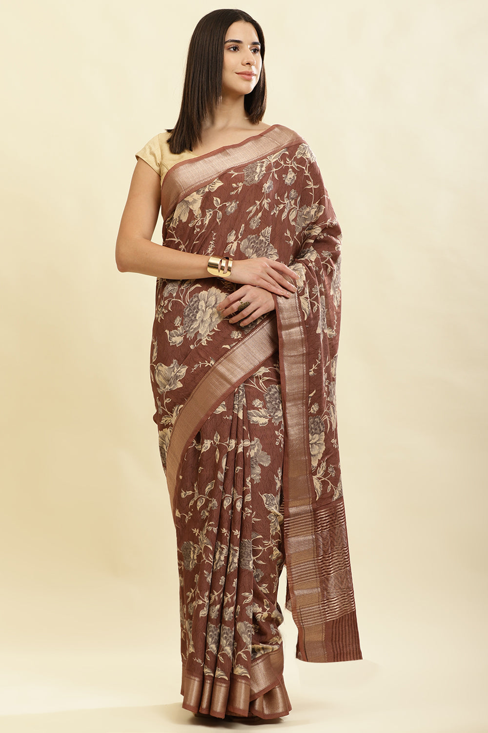 Brown Cotton Silk Floral Printed & Zari Border Saree