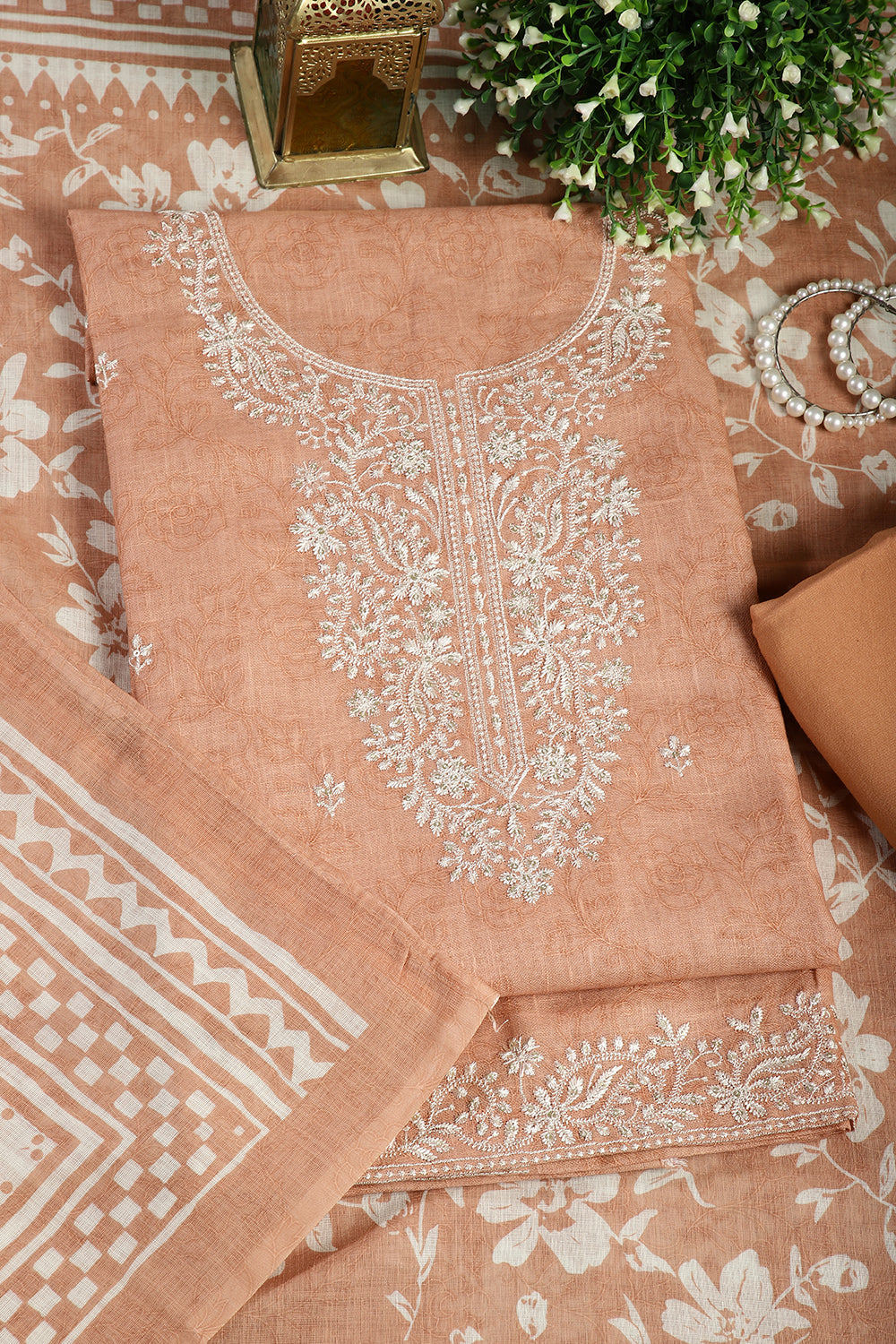 Peach Color Linen Embroidery Self Print Unstitched Suit Material