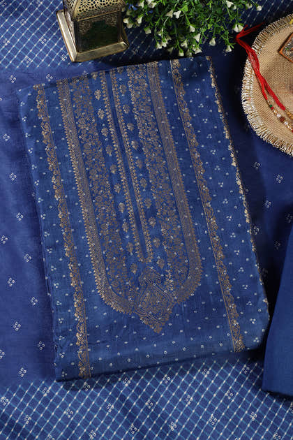 Royal Blue Zari Woven And Bandhani Printed Silk Unstitched Suit Fabric