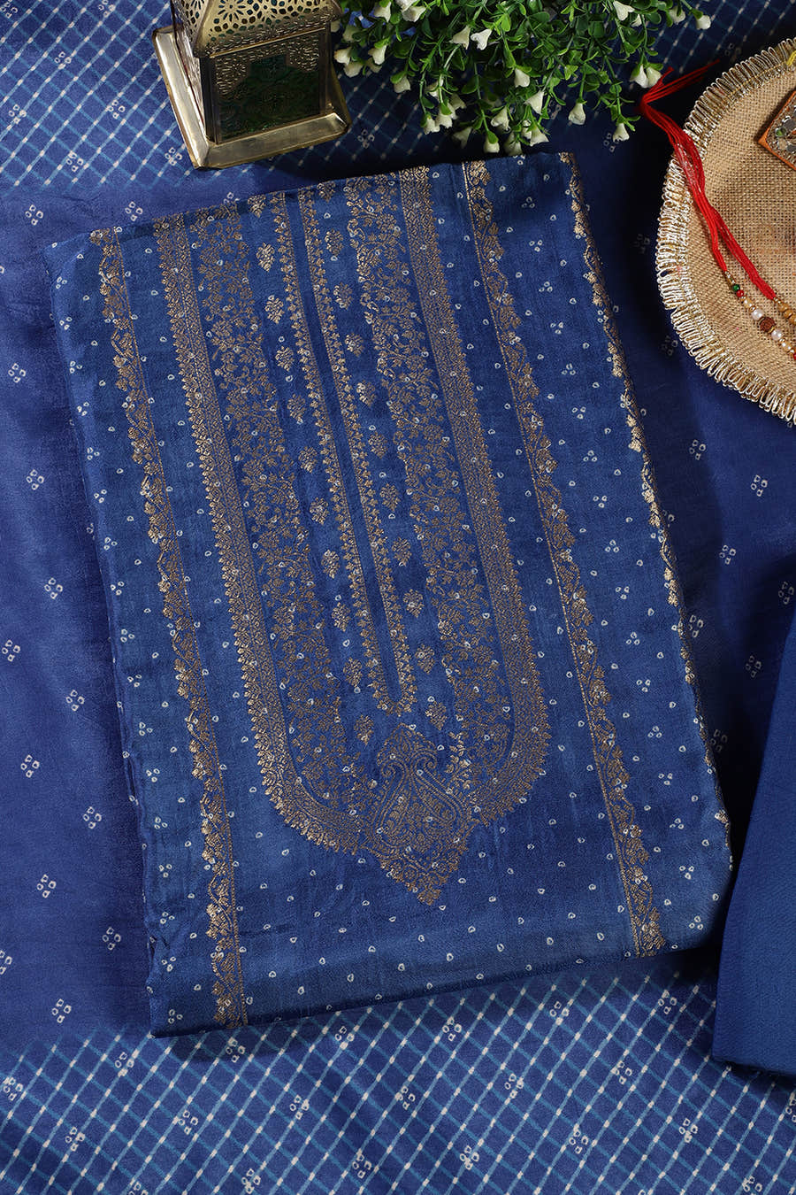 Royal Blue Zari Woven And Bandhani Printed Silk Unstitched Suit Fabric