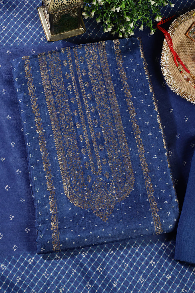 Royal Blue Zari Woven And Bandhani Printed Silk Unstitched Suit Fabric