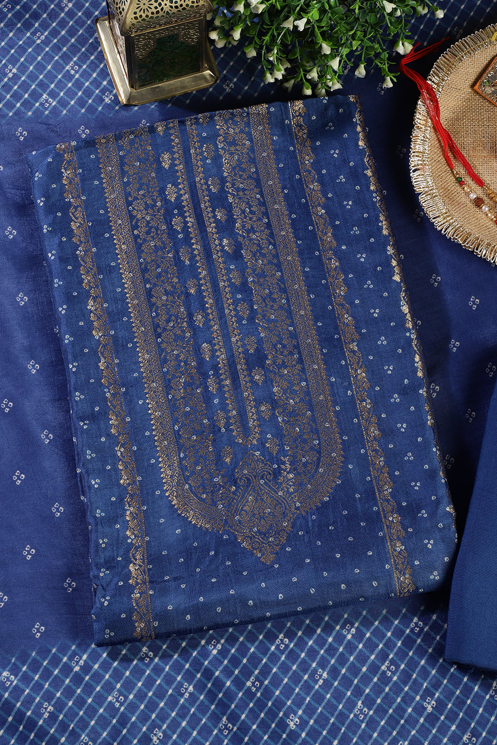 Royal Blue Zari Woven And Bandhani Printed Silk Unstitched Suit Fabric