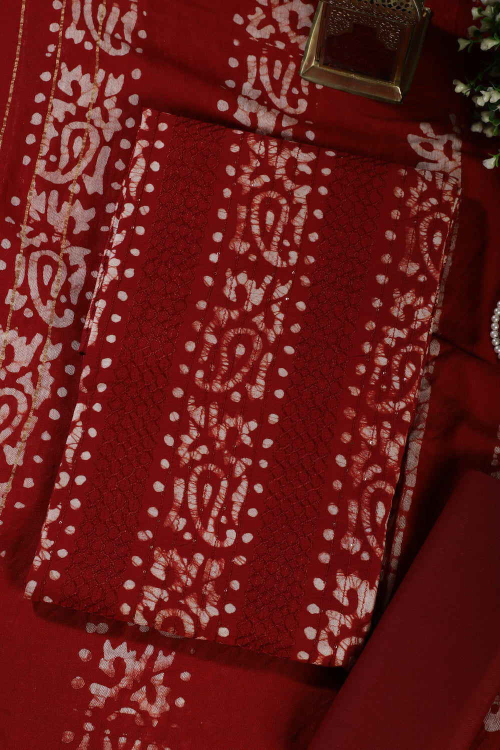 Maroon Cotton Printed And Resham Embroidered Unstitched Suit Material