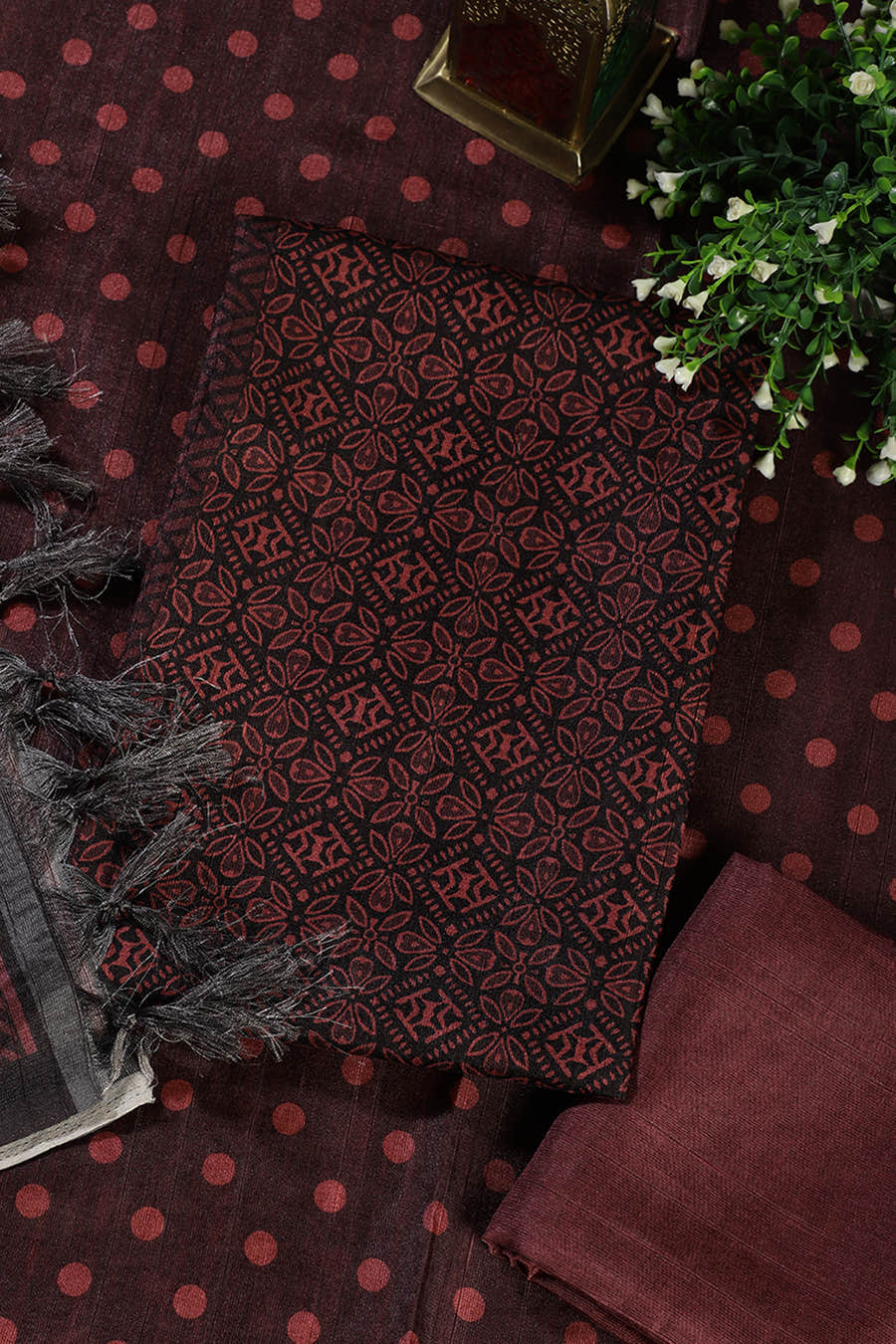 Maroon Chanderi Cotton Printed Unstiched Suit Material