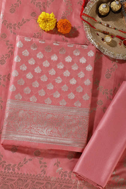 Peach Silk Zari Woven Unstitched Suit Fabric