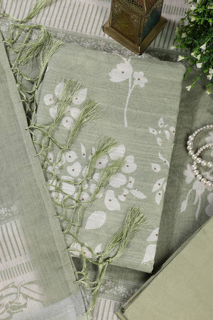 Green Color Printed Linen Cotton Unstitched Suits