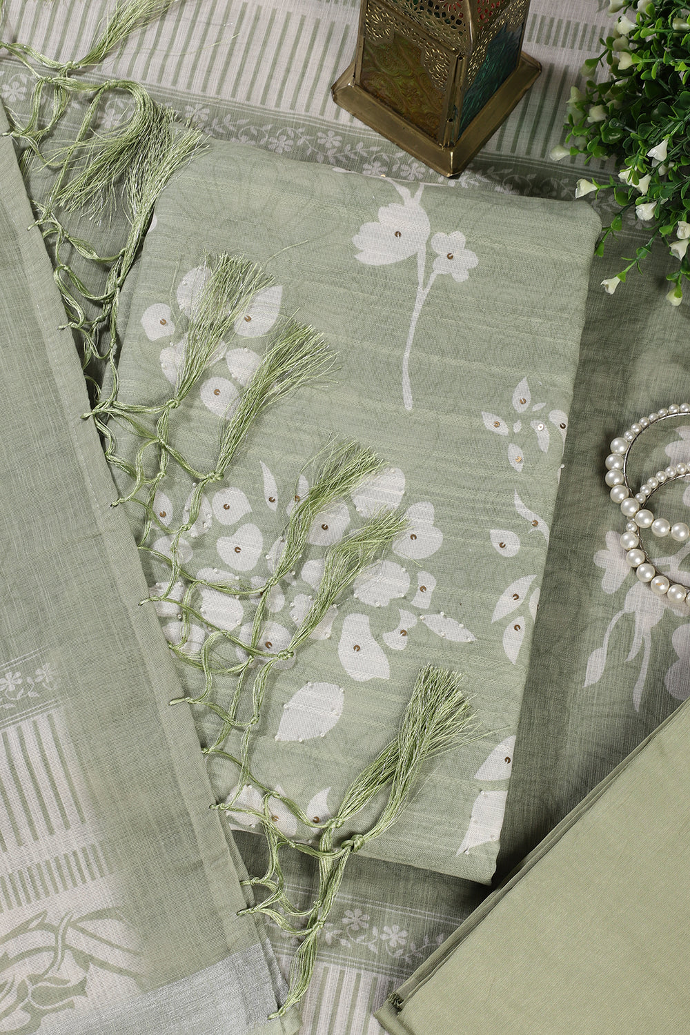 Green Color Printed Linen Cotton Unstitched Suits