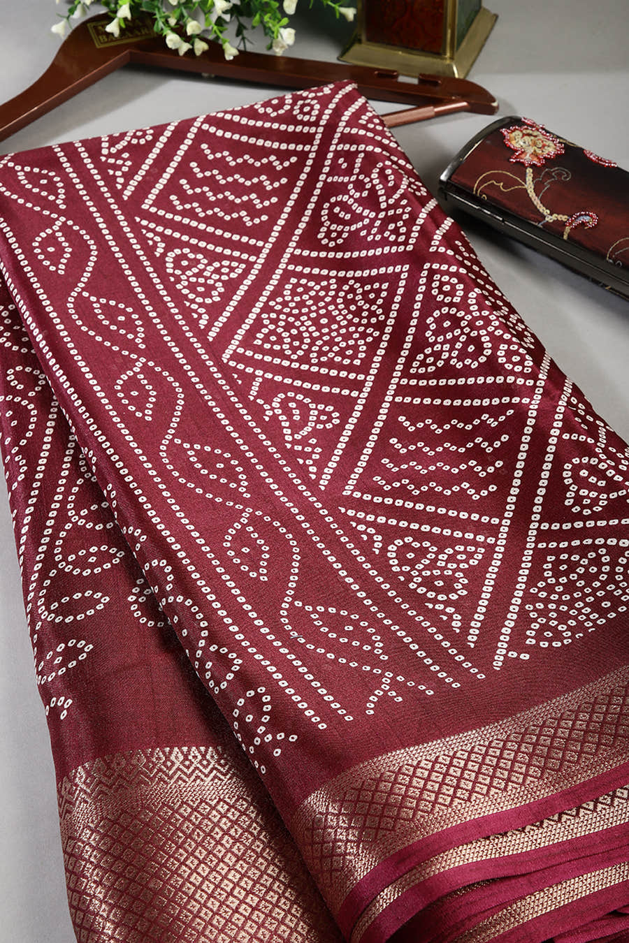 Wine Color Block Printed Cotton Silk Saree