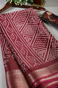 Wine Color Block Printed Cotton Silk Saree