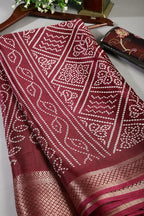 Wine Color Block Printed Cotton Silk Saree