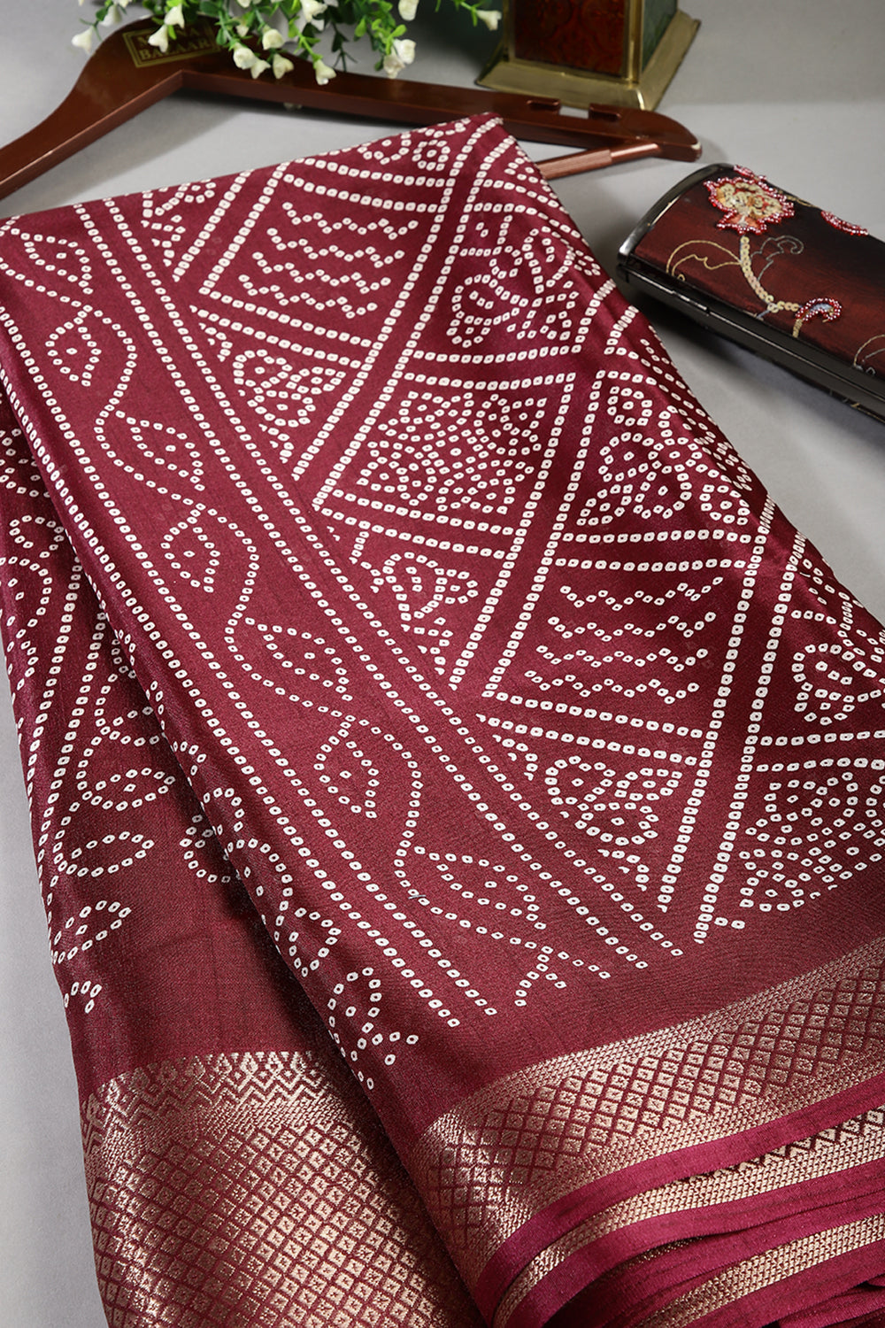 Wine Color Block Printed Cotton Silk Saree
