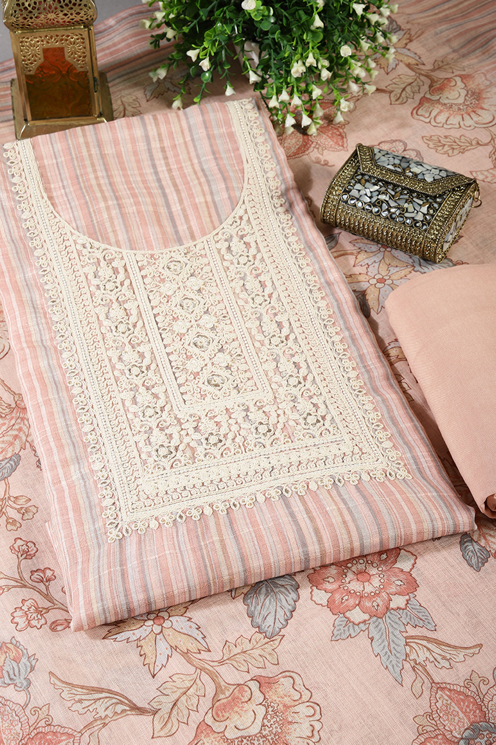 Peach Color Linen Cotton Embroidery Unstitched Suit Material