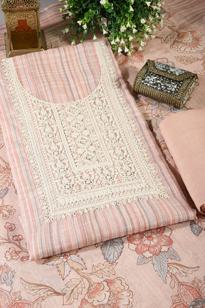 Peach Color Linen Cotton Embroidery Unstitched Suit Material