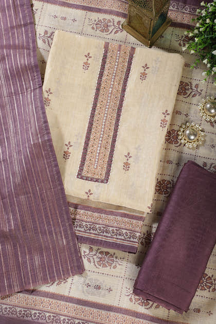 Beige & Mauve Chanderi Cotton Floral Printed And Neck Embroidered Unstitched Suit Material Unstitched Suit Fabric