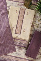 Beige & Mauve Chanderi Cotton Floral Printed And Neck Embroidered Unstitched Suit Material Unstitched Suit Fabric