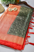 Bottle Green & Red Floral Zari Woven Sarees