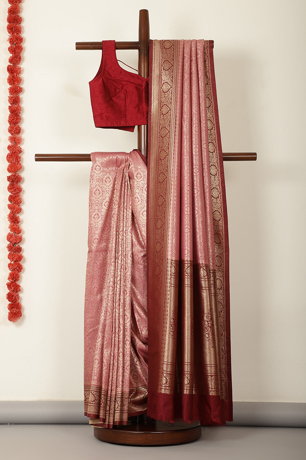 Dusty Pink & Marron Dual Toned Soft Silk Zari Woven Saree