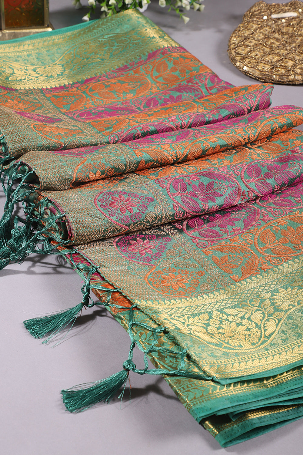 Sea Green Colour Tussar Woven Silk Saree