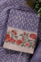 Voilet Tussar Cotton Printed And Floral Embroidered Unstiched Suit Material