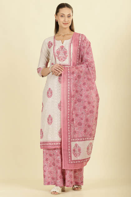 Cream & Pink  Chanderi Cotton Hacoba Style & Floral Printed Unstitched Suit Material