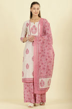 Cream & Pink  Chanderi Cotton Hacoba Style & Floral Printed Unstitched Suit Material