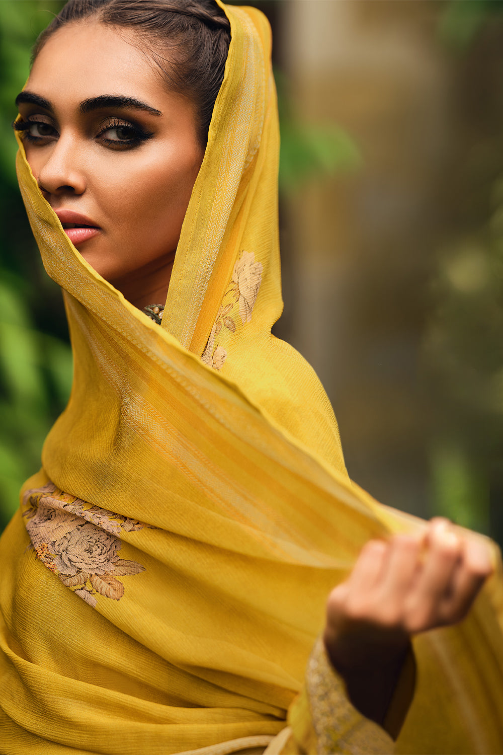 Mustard Color Embroidered Silk Unstitched Suit Material