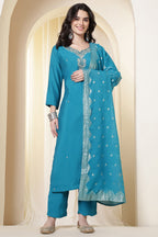 Purple Silk Neck Embroidered Suit Set With Woven Dupatta