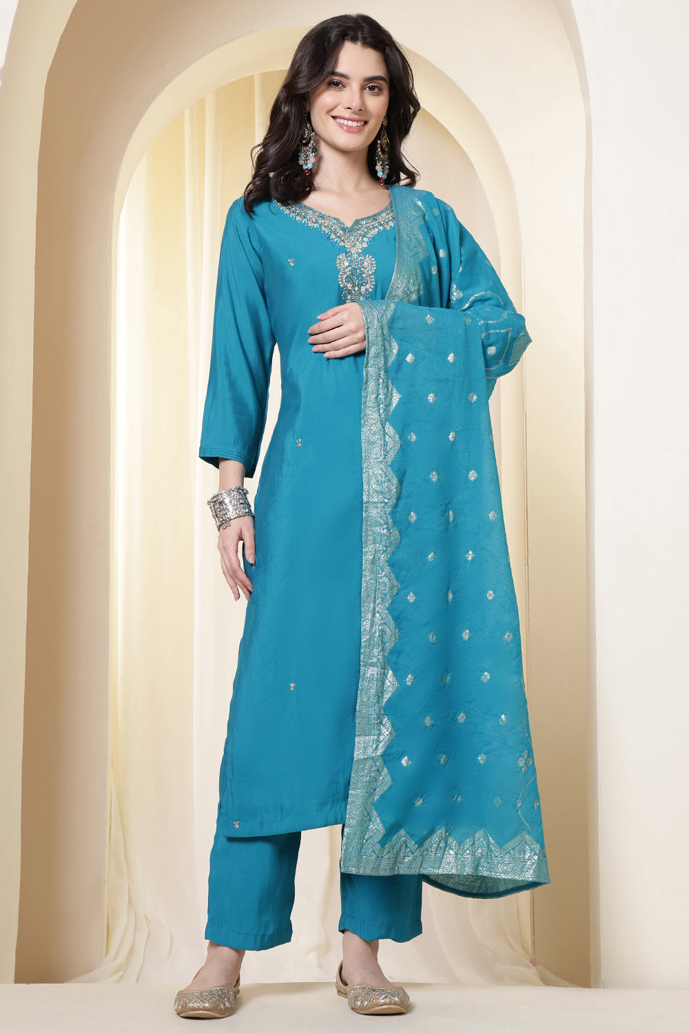 Purple Silk Neck Embroidered Suit Set With Woven Dupatta