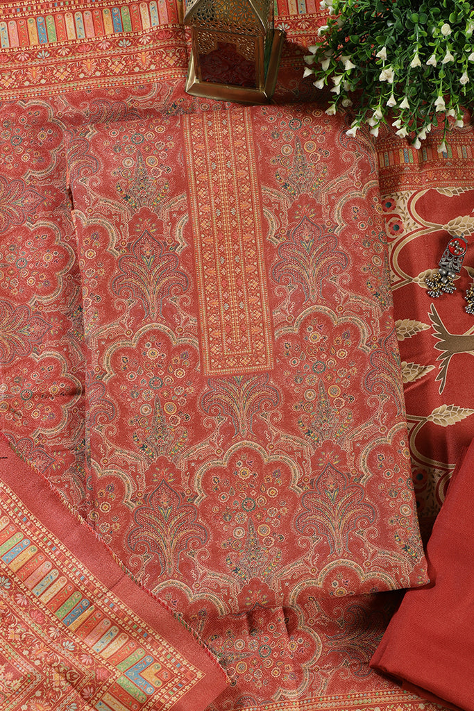 Rust Colour Pashmina Digital Printed Unstitched Suit Fabric