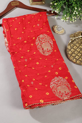 Red Color Bandhej Modal Silk Zari Woven Saree