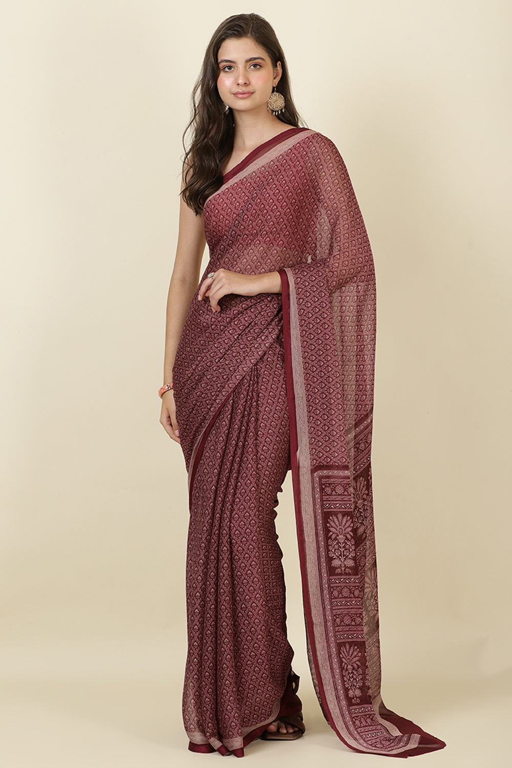 Wine Georgette Printed Saree