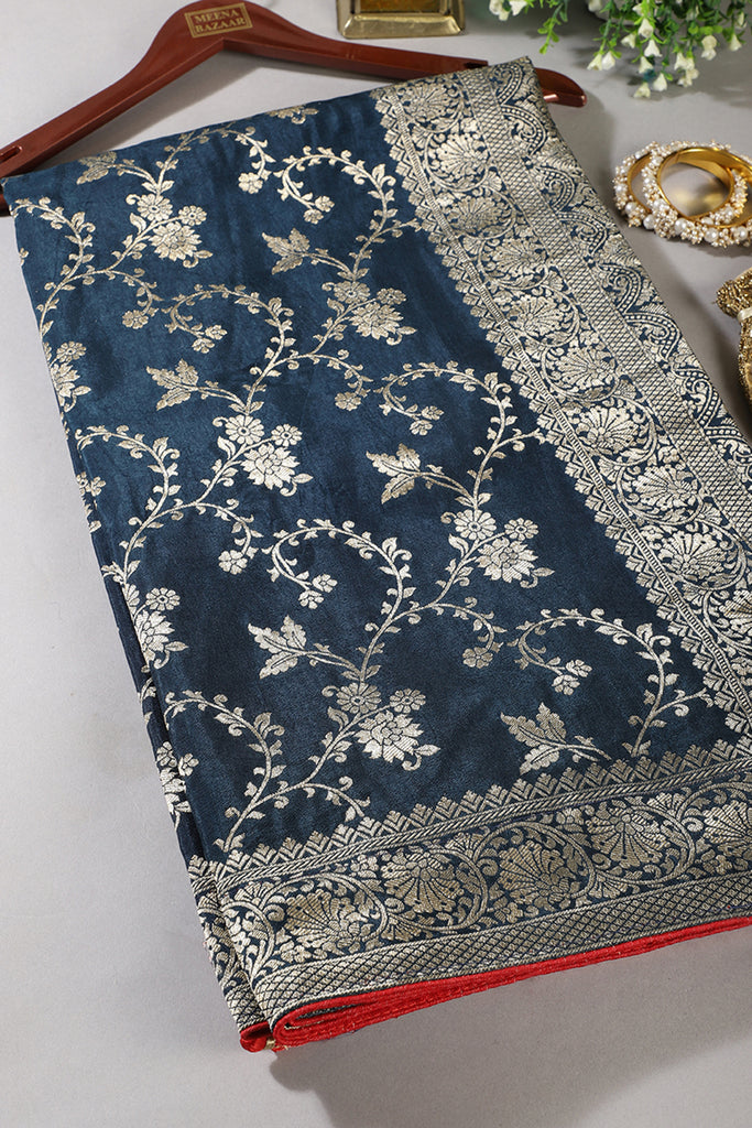 Navy Banarasi Silk Zari Floral Zaal Woven Saree
